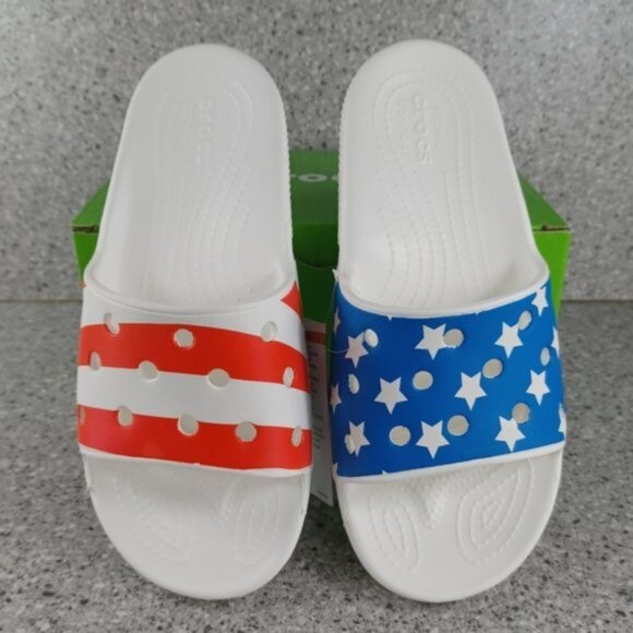 Crocs White American USA Flag Patriotic Slide Sandals Shoes - Picture 1 of 4
